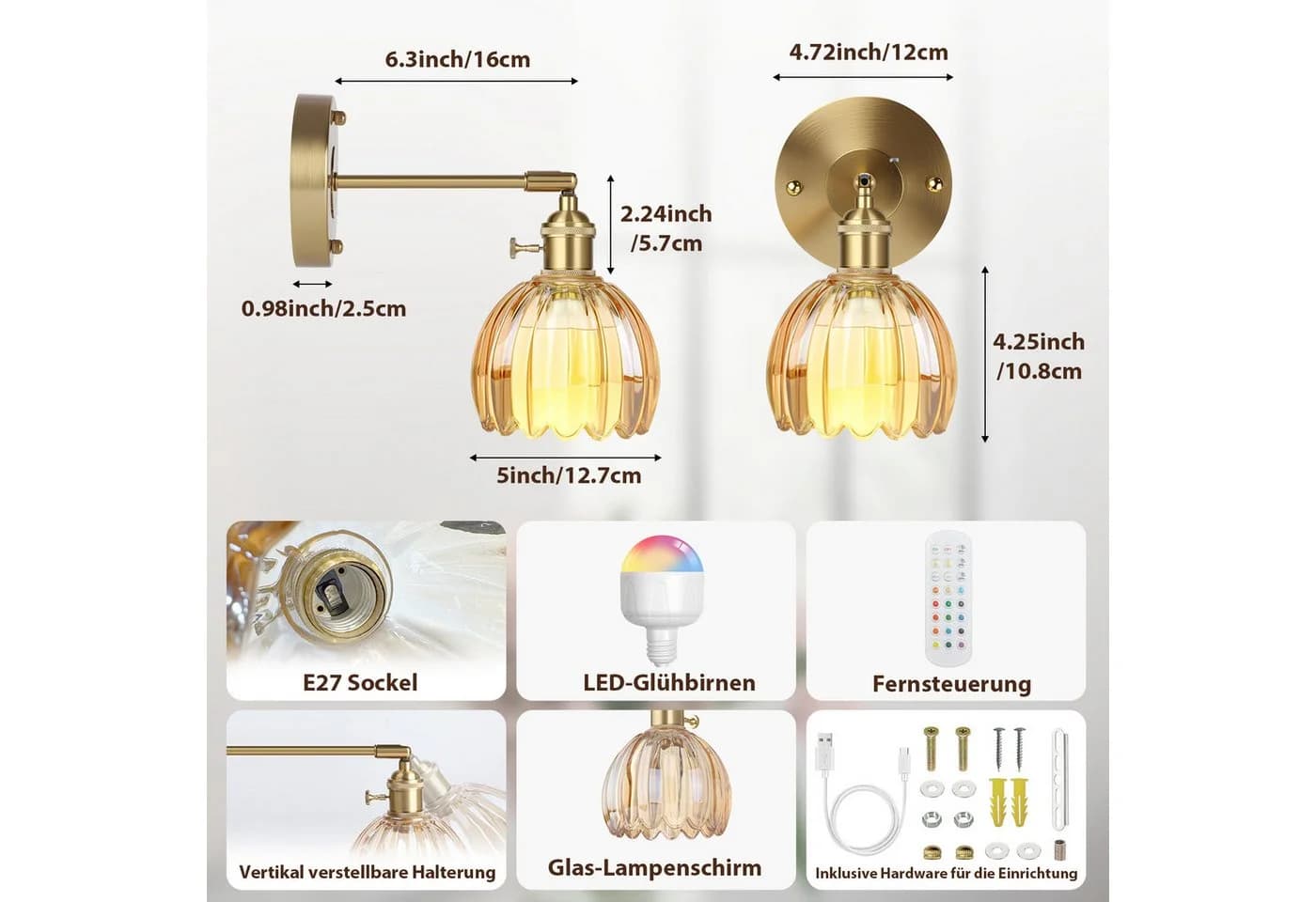 Sunicol LED Wandleuchte Dimmbar Wiederaufladbar Gold 3 Farbtemperaturen+RGB - Bild 5