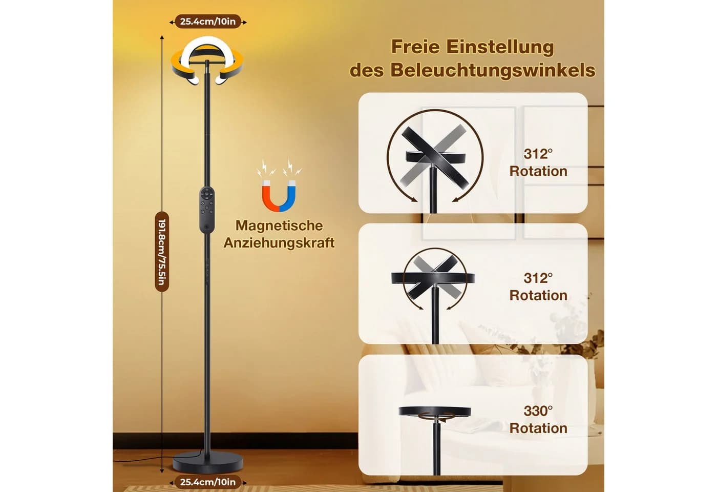 Rosnek LED Stehlampe Dimmbar 36W 190cm Schwarz mit Fernbedienung