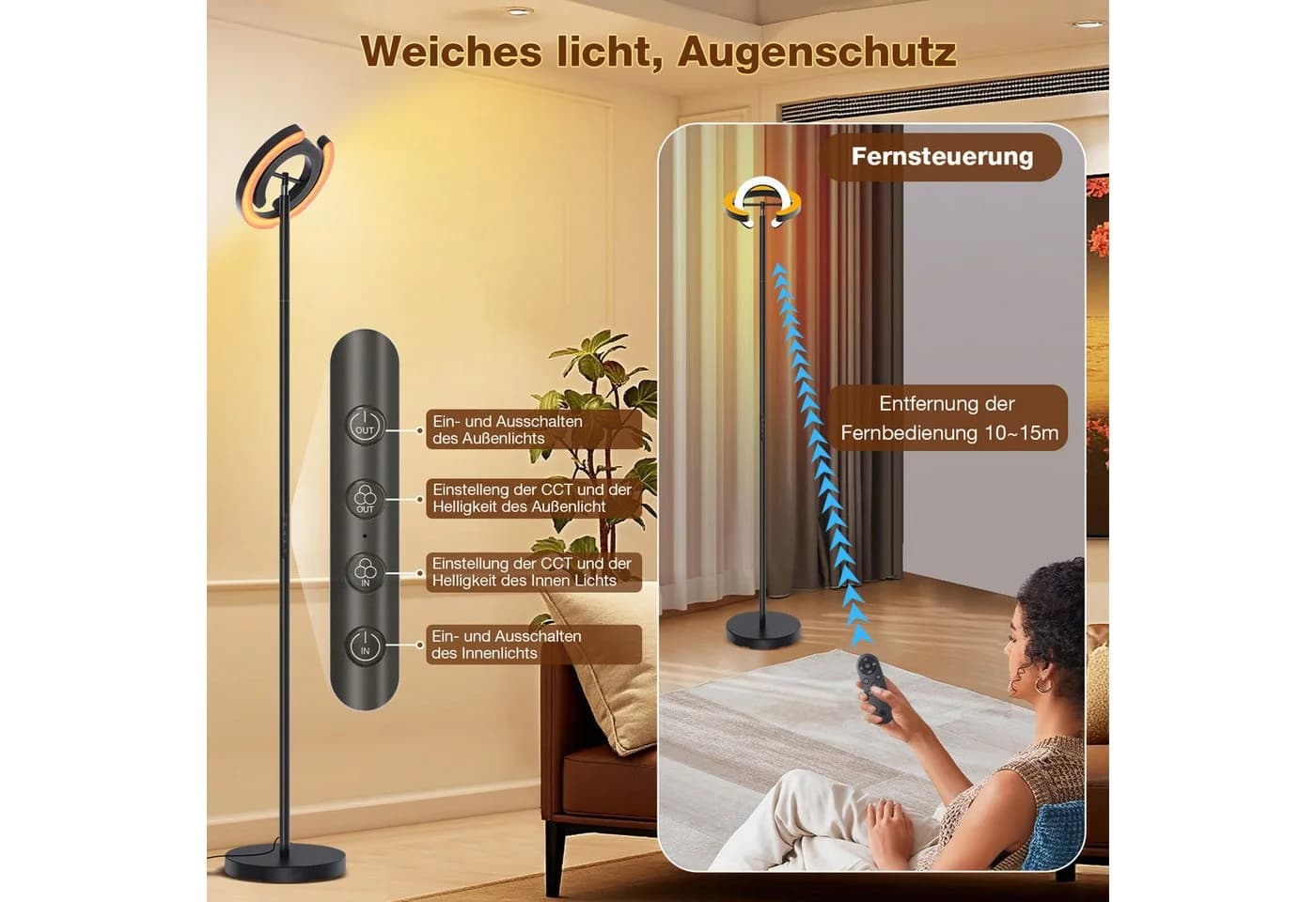 Rosnek LED Stehlampe Dimmbar 36W 190cm Schwarz mit Fernbedienung - Bild 4