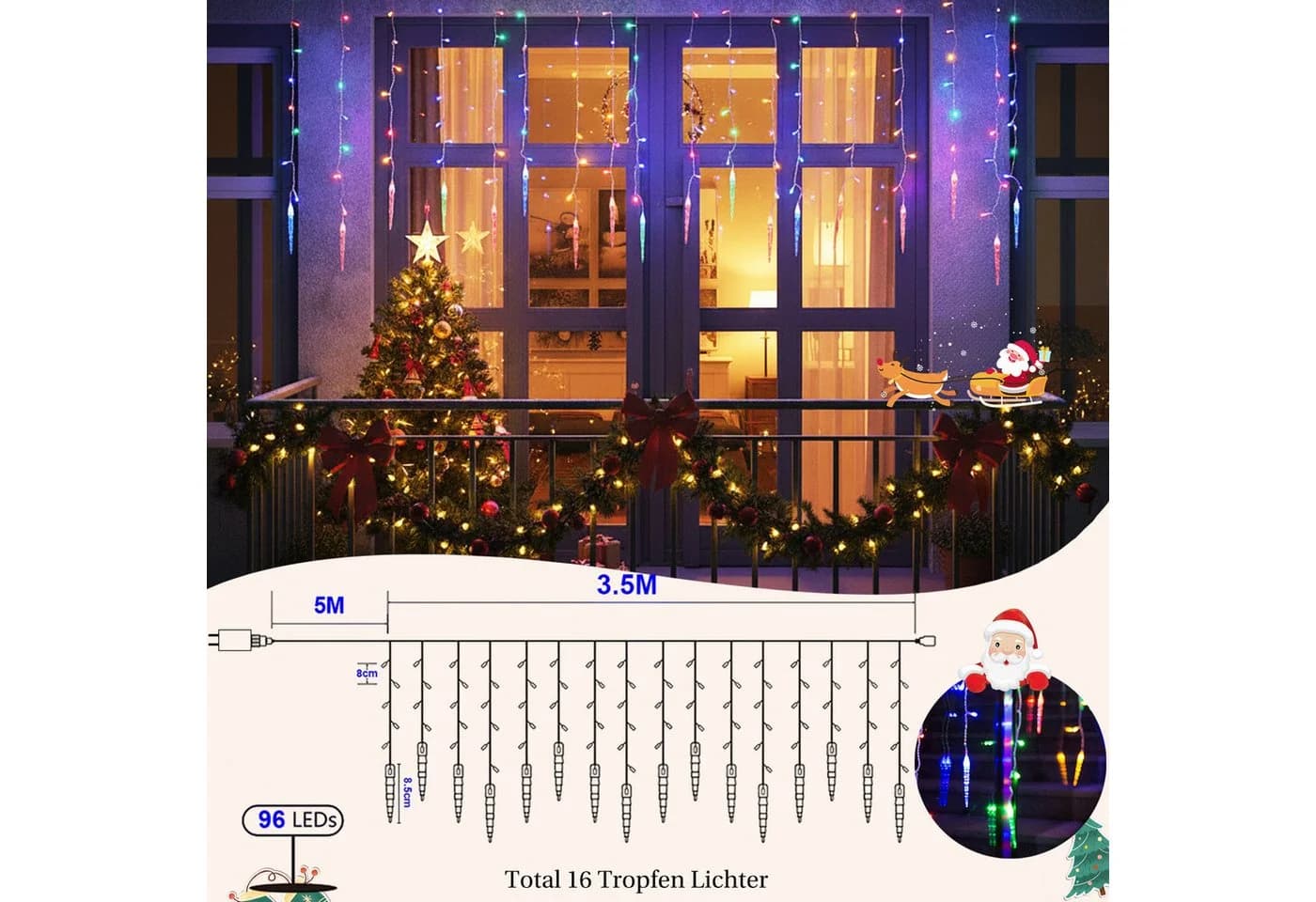 Rosnek LED-Lichtervorhang Eiszapfen-Anhänger 8 Modi Timer Weihnachtsdeko