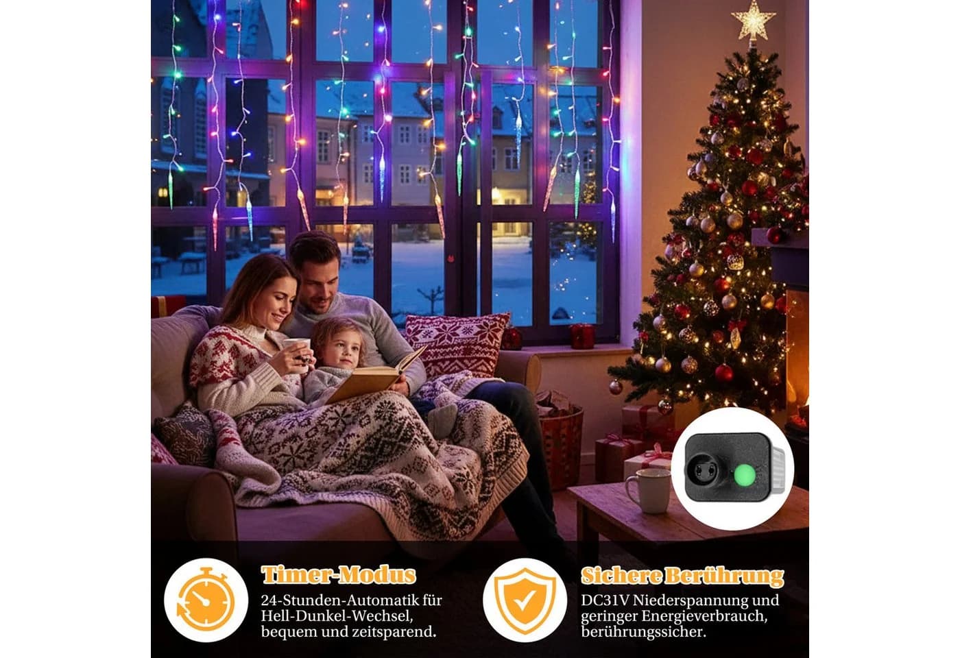Rosnek LED-Lichtervorhang Eiszapfen-Anhänger 8 Modi Timer Weihnachtsdeko - Bild 5