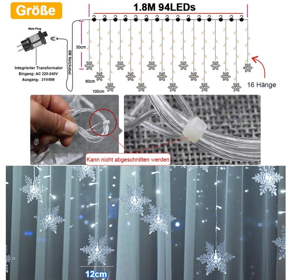 Rosnek LED-Lichtervorhang Schneeflocke Weiß 8 Modi Timer