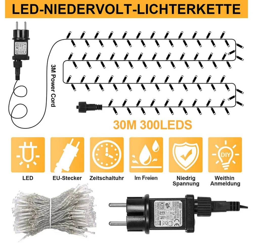 Rosnek Lichterkette 20m/30m/50m/100m 31V DC LED-Lichterkette Timer Speicherfunktion 8 Modi