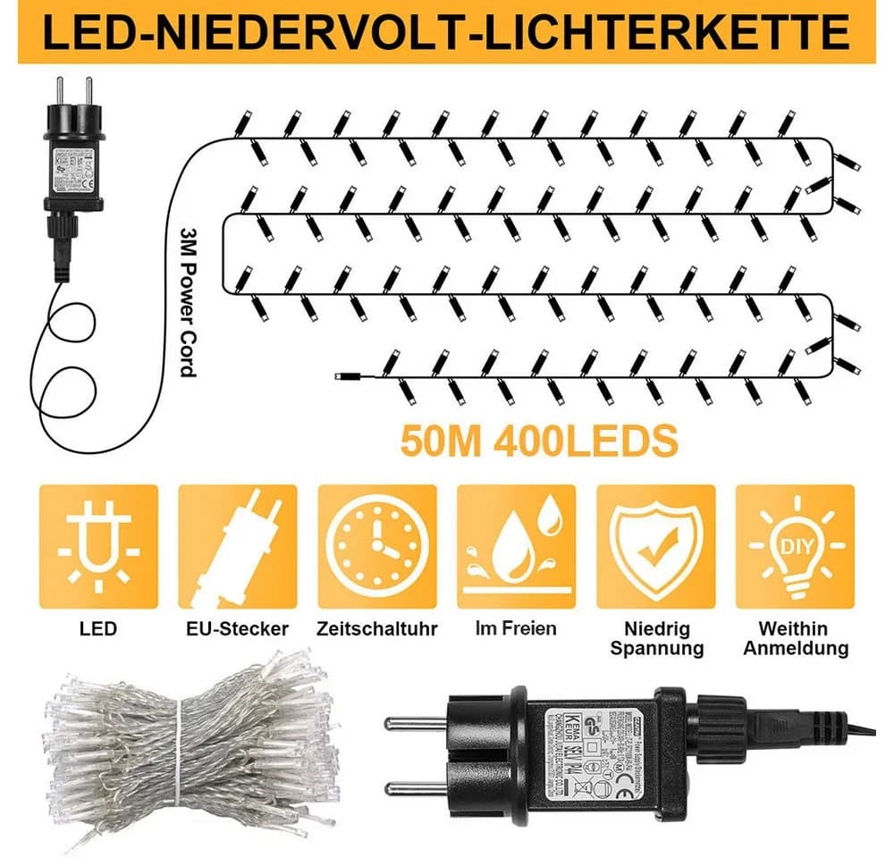 Rosnek LED-Lichterkette 20m/30m/50m/100m 31V DC Timer Speicherfunktion 8 Modi