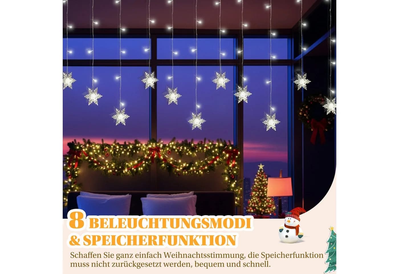 SERBASIC LED Lichtervorhang Schneeflocke Weiß 8 Modi Timer