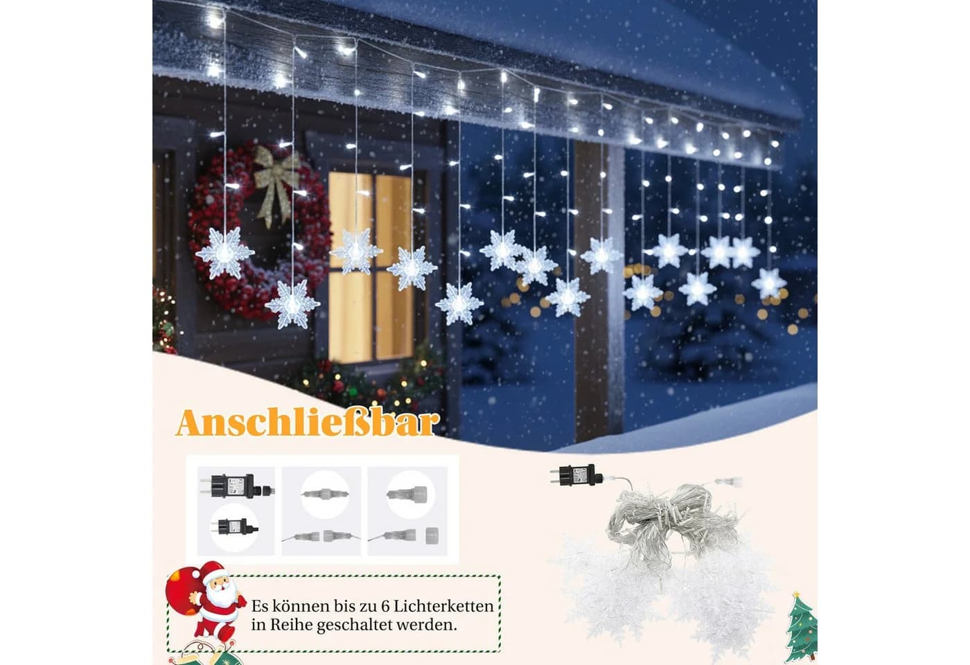 SERBASIC LED Lichtervorhang Schneeflocke Weiß 8 Modi Timer - Bild 3