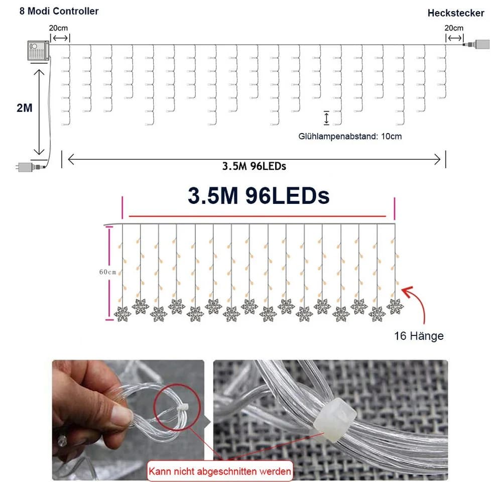 SERBASIC LED Lichtervorhang Schneeflocke Weiß 8 Modi Timer - Bild 4