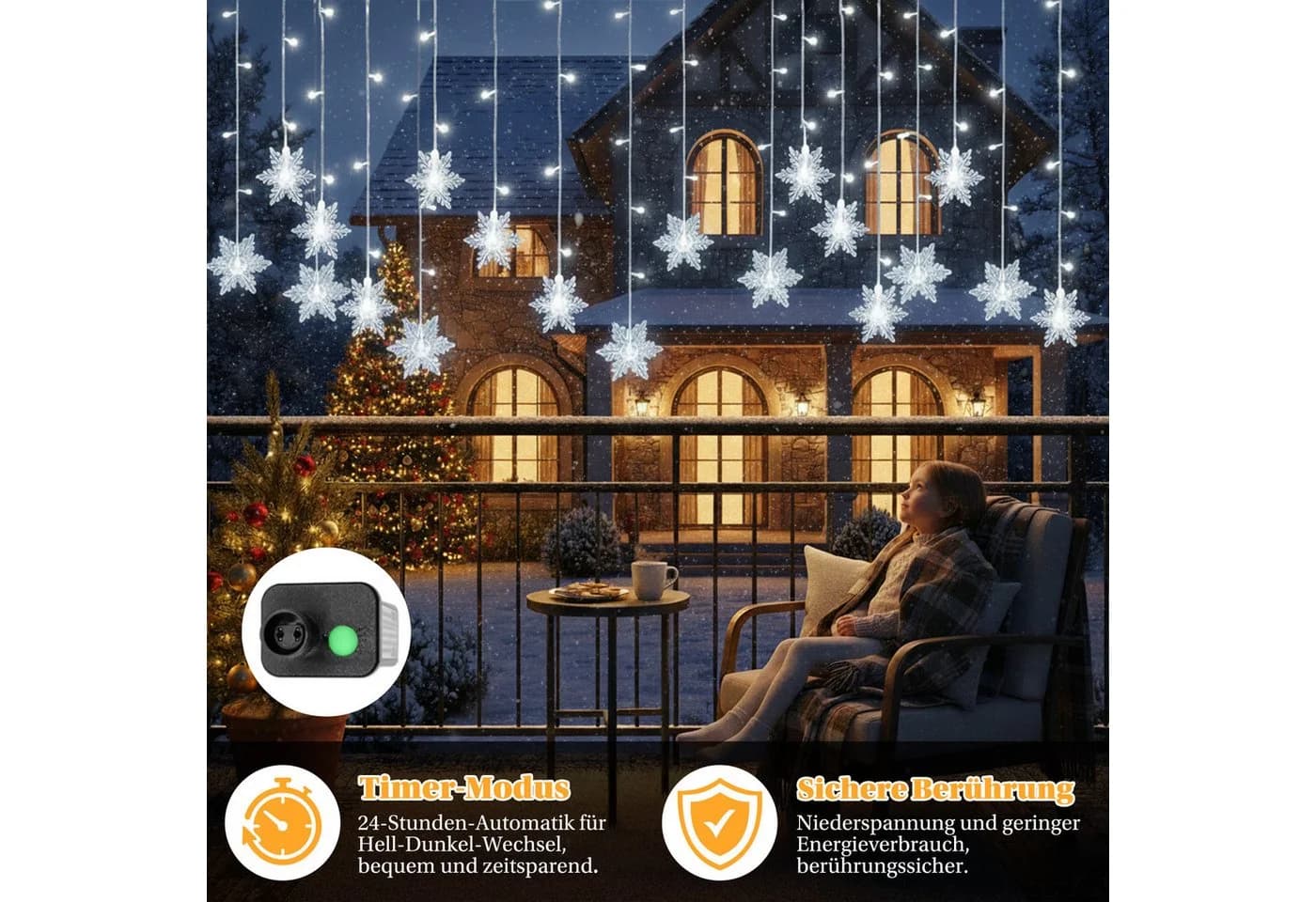 SERBASIC LED Lichtervorhang Schneeflocke Weiß 8 Modi Timer - Bild 5