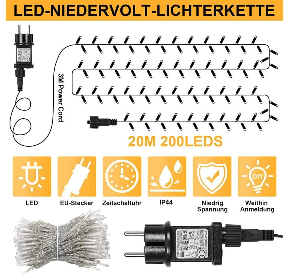 SERBASIC LED-Lichterkette 20-100m mit Timer, 8 Modi, Warmweiß, Weiß, Mehrfarbig, Blau