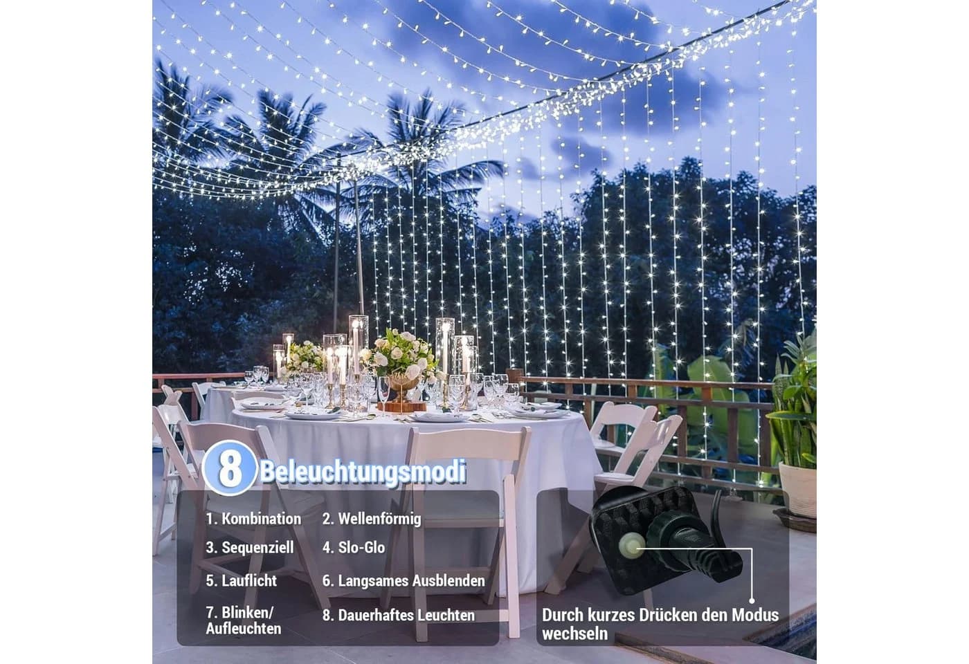 SERBASIC LED-Lichterkette 20-100m mit Timer, 8 Modi, Warmweiß, Weiß, Mehrfarbig, Blau - Bild 3