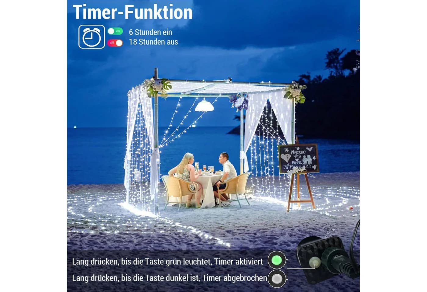 SERBASIC LED-Lichterkette 20-100m mit Timer, 8 Modi, Warmweiß, Weiß, Mehrfarbig, Blau - Bild 4