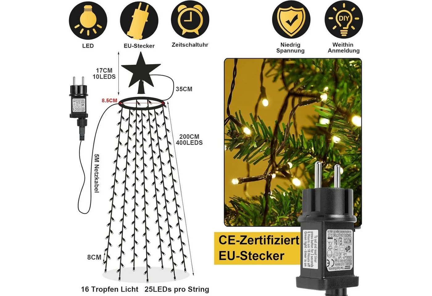 SERBASIC LED-Lichterkette mit Stern-Aufsatz und Timer