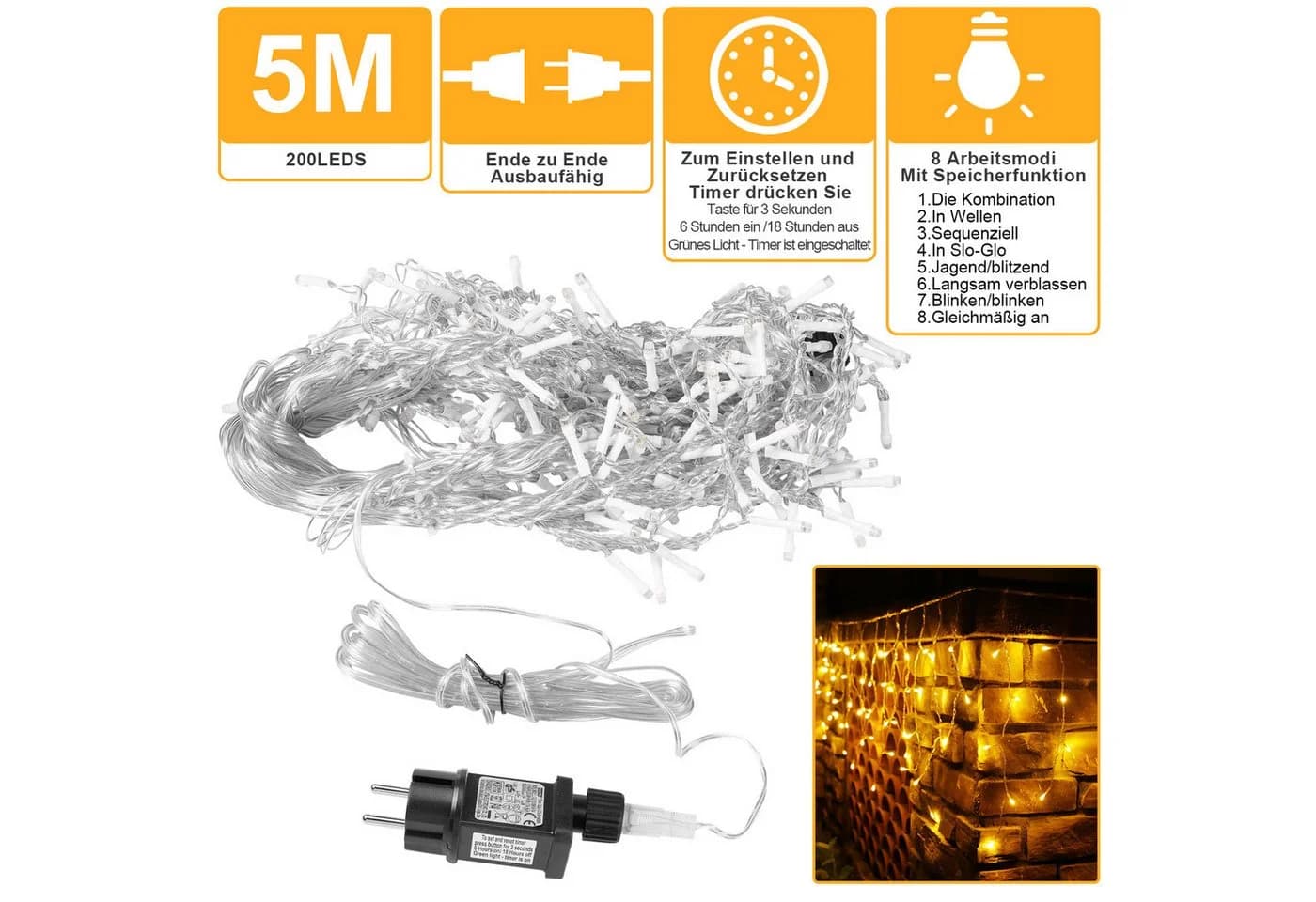 SERBASIC LED Eisregen Lichterkette mit Timer & 8 Modi - Bild 3