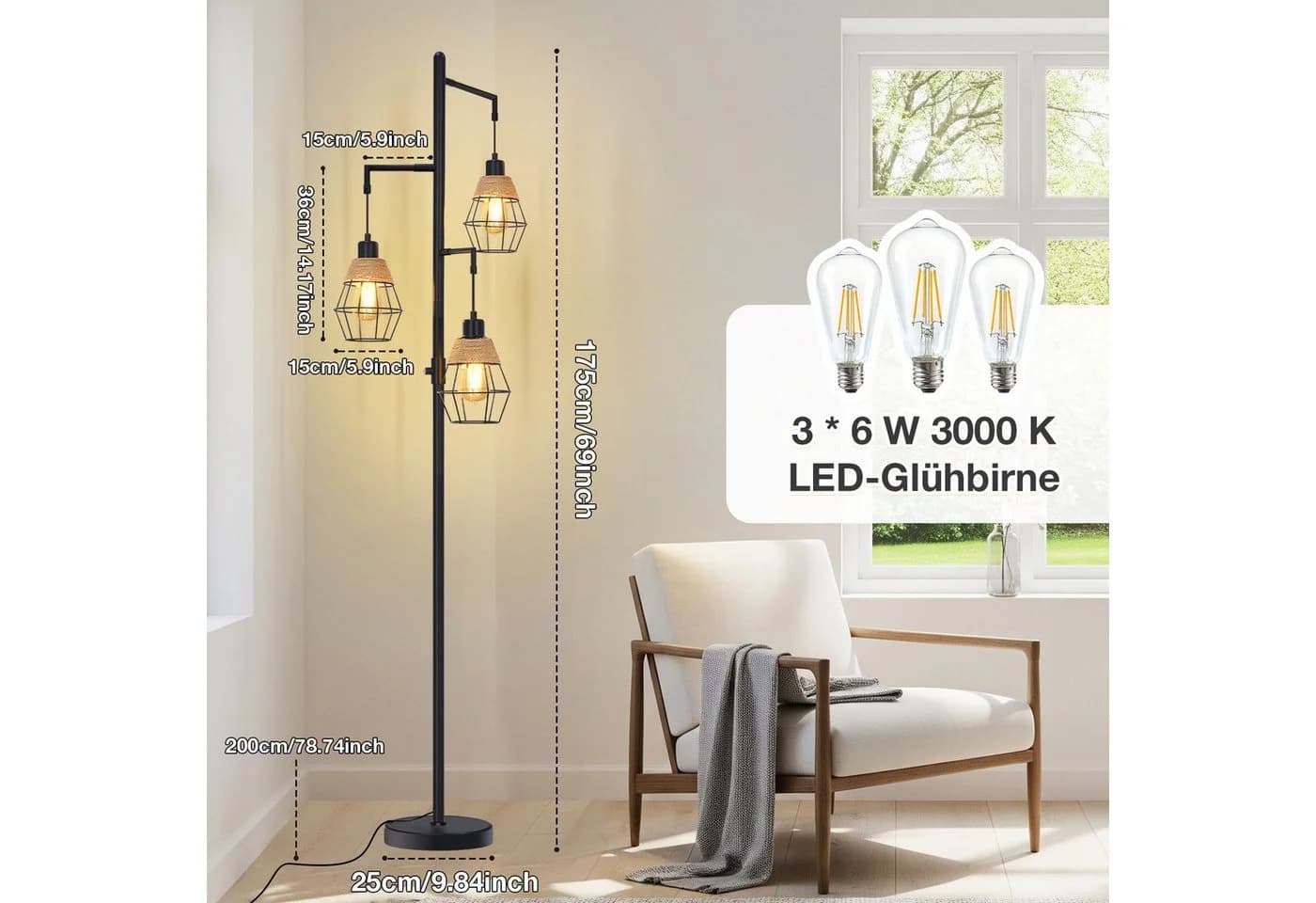 Sunicol Stehlampe Vintage Schwarz mit 3 LED Birnen Dimmbar