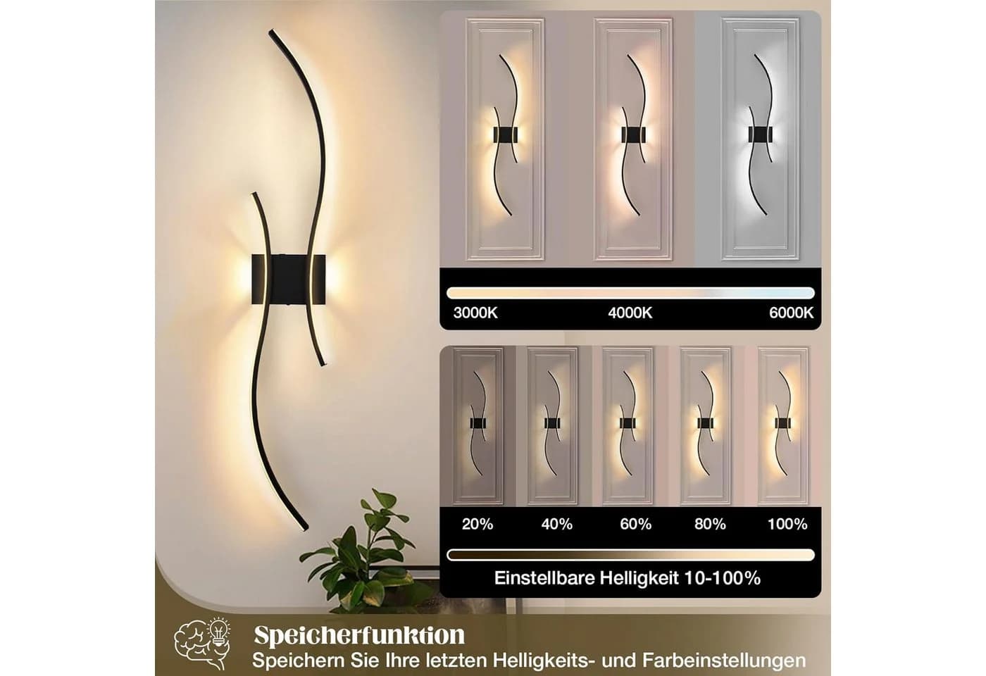 Lapalife Wandleuchte 2 Stück Dimmbar Akku mit Fernbedienung Schwarz/Gold - Bild 3