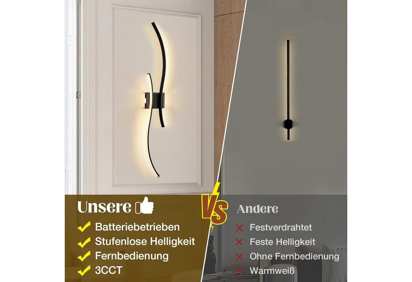 Lapalife Wandleuchte 2 Stück Dimmbar Akku mit Fernbedienung Schwarz/Gold - Bild 5