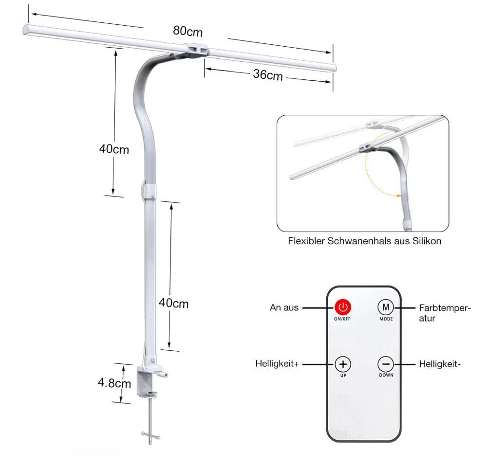 Sunicol LED Schreibtischlampe Doppelkopf klemmbar, Dimmbar, 3000K-6500K, Flexibler Schwanenhals, 24W - Bild 4