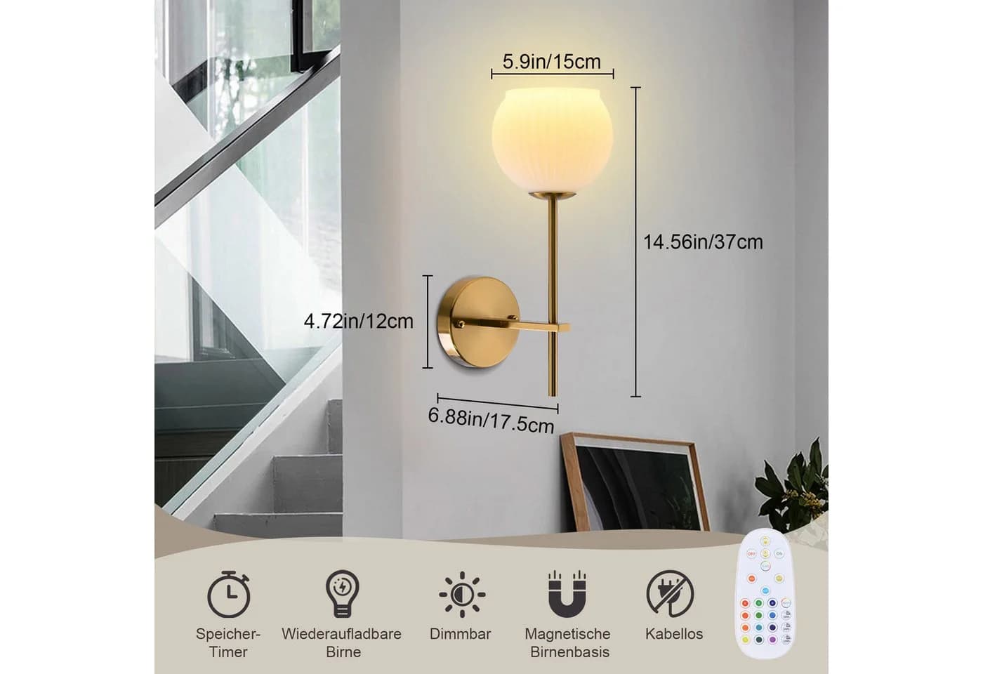 Lapalife Wandleuchte Dimmbar Wiederaufladbar LED Gold 2 Stück