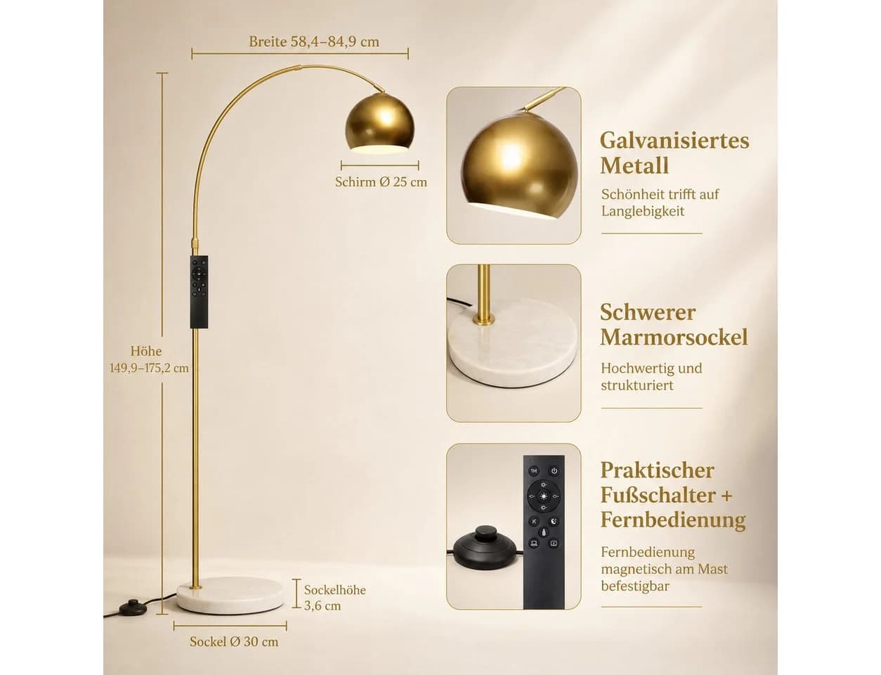 Sunicol Stehlampe Gold ARC Stehleuchte mit verstellbarem Metallschirm und Marmorsockel