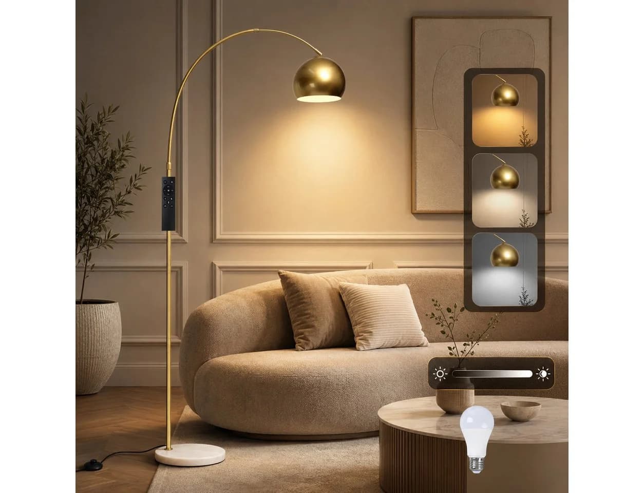 Sunicol Stehlampe Gold ARC Stehleuchte mit verstellbarem Metallschirm und Marmorsockel - Bild 2