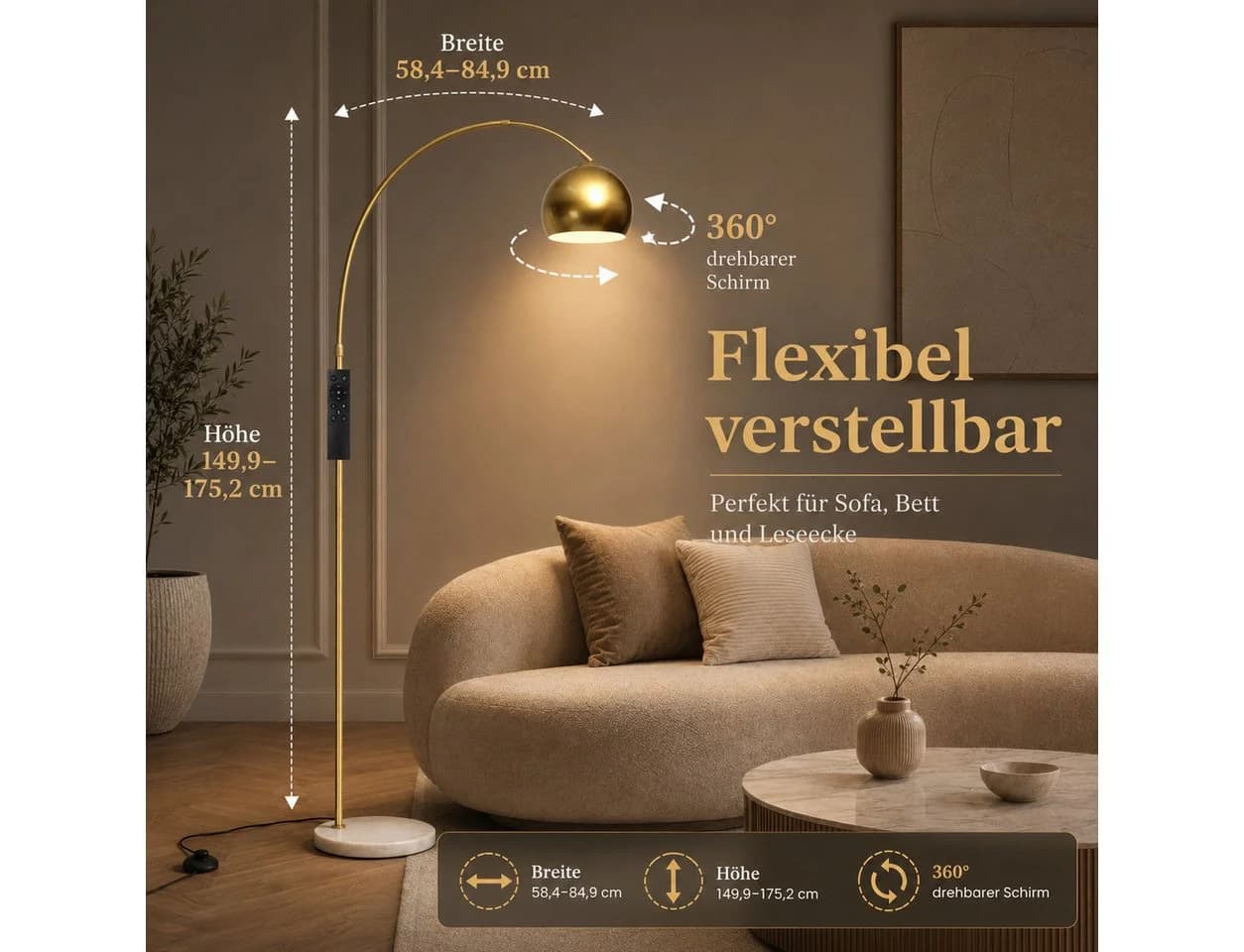 Sunicol Stehlampe Gold ARC Stehleuchte mit verstellbarem Metallschirm und Marmorsockel - Bild 4