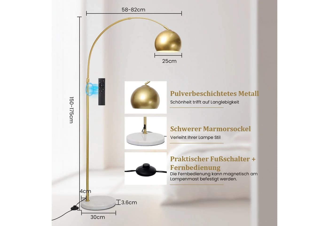 Jibenhome LED Stehlampe Gold ARC mit Marmorsockel und Fernbedienung