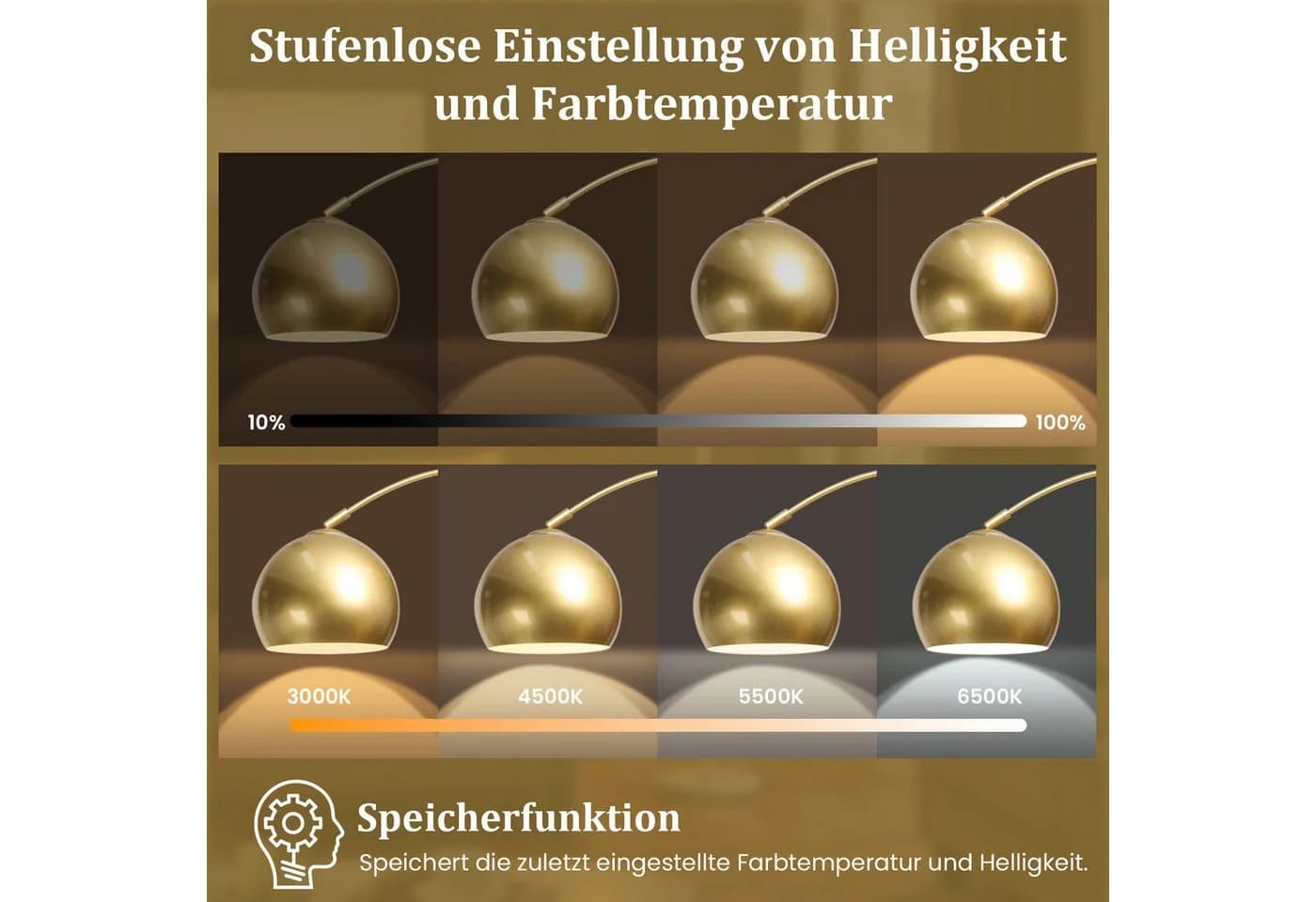 Jibenhome LED Stehlampe Gold ARC mit Marmorsockel und Fernbedienung - Bild 3