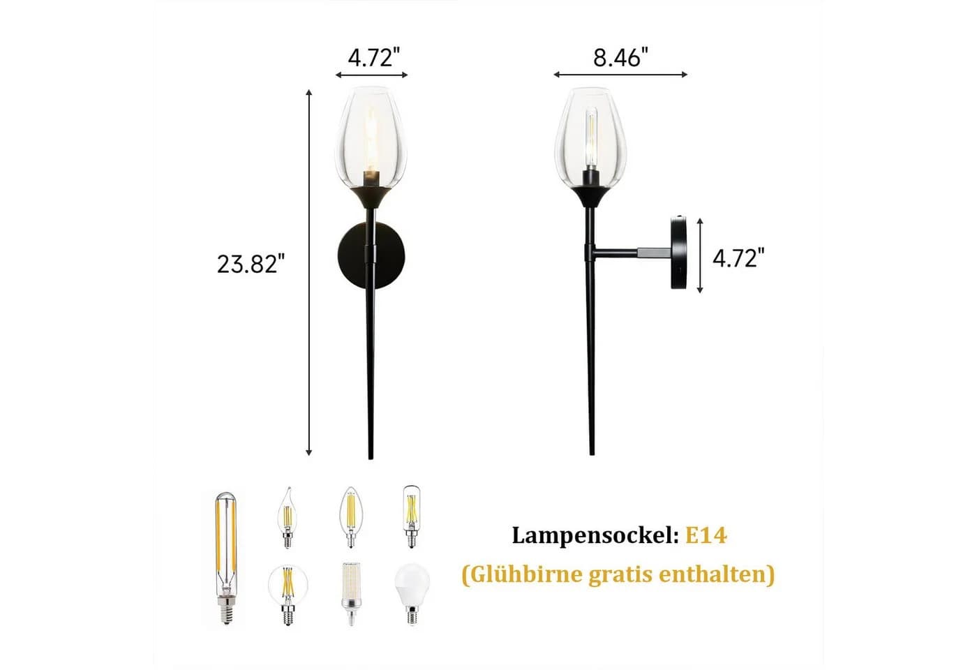Sunicol Wandleuchte Schwarz Glas LED E14 Vintage Industriell