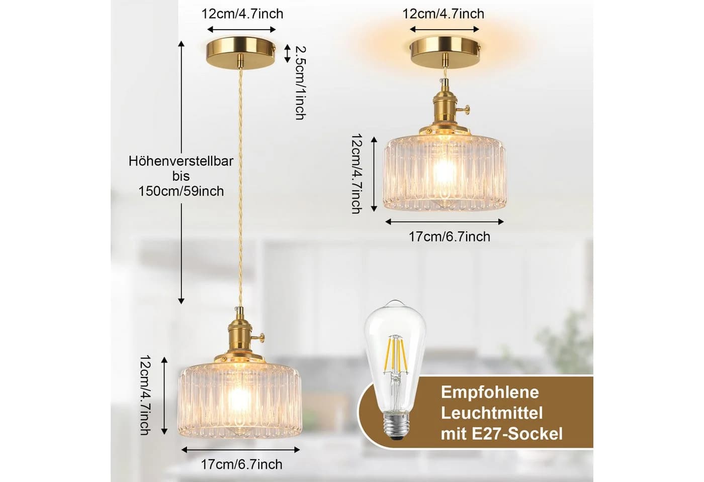 Sunicol Pendelleuchte LED Glas höhenverstellbar Vintage Gold