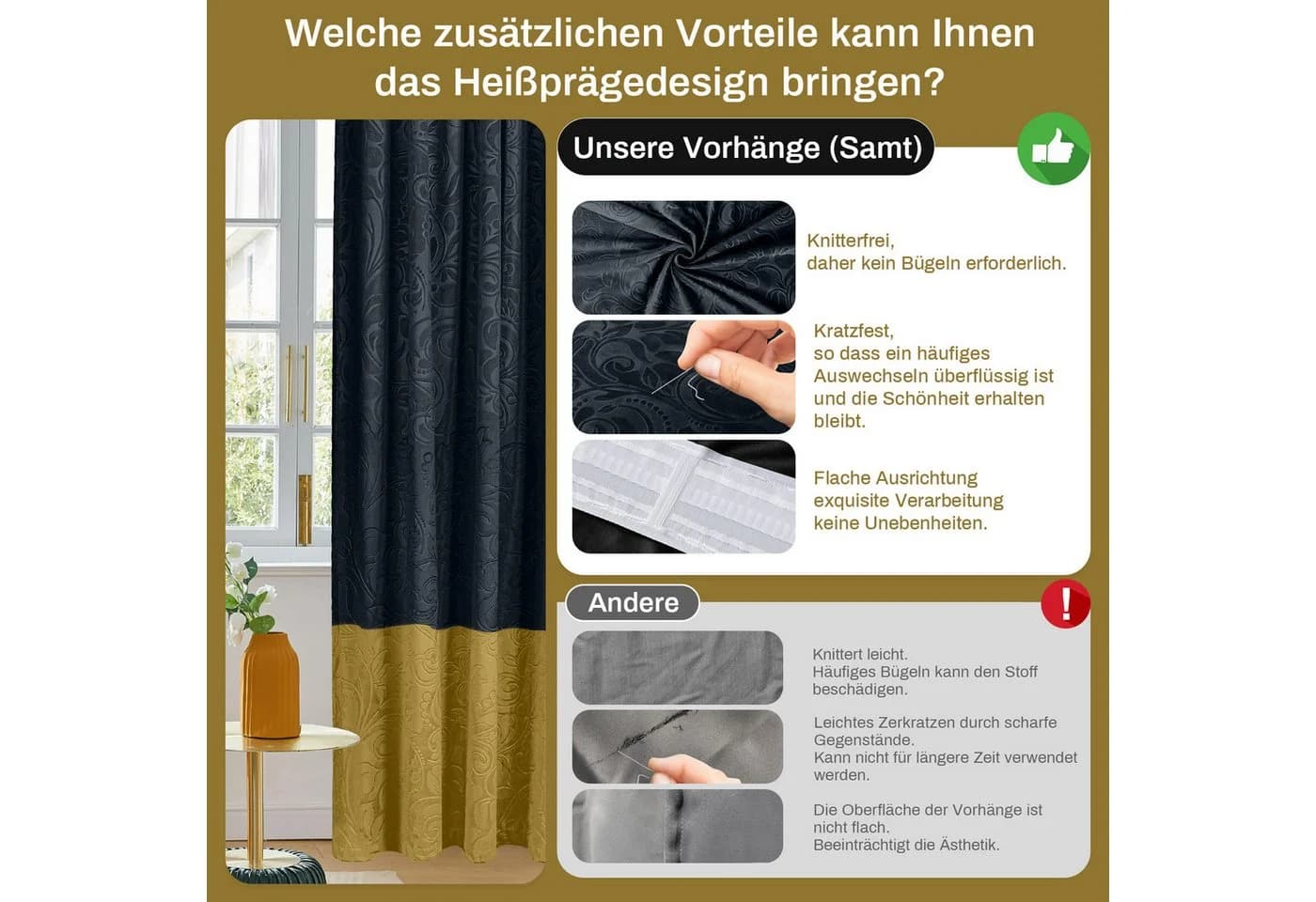 Lapalife Vorhang Samt Verdunkelnd Schwarz-Gold Blumenmuster 2er Set - Bild 5