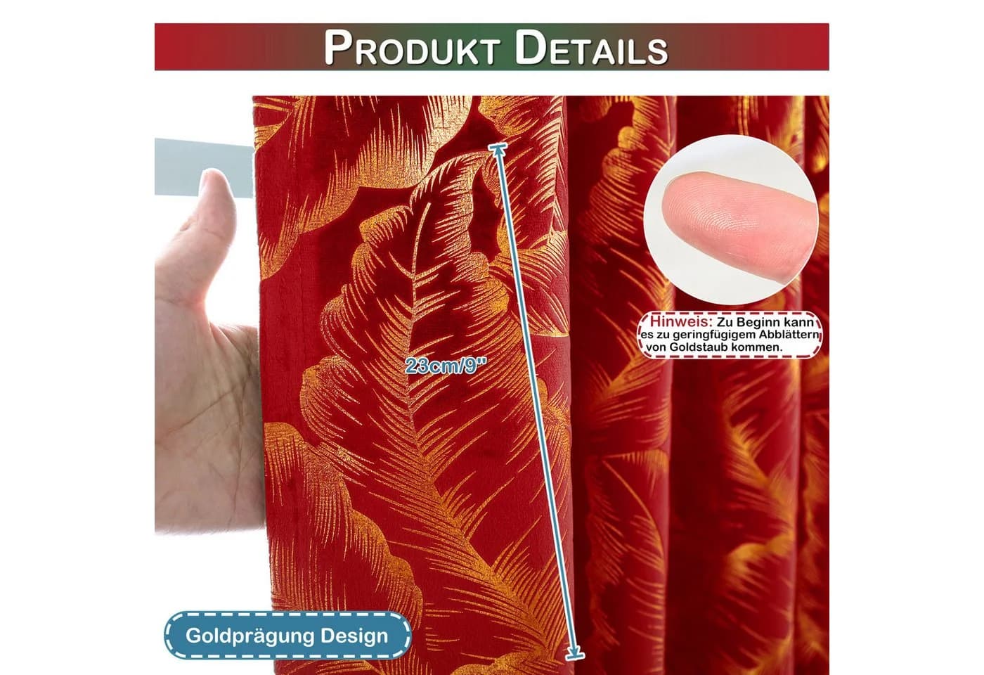 Lapamax Weihnachtsvorhang 2er Set Rot Gold Blättermuster Gefüttert - Bild 3