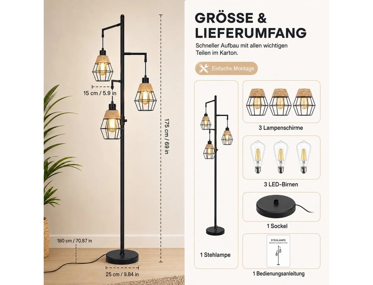 Lapamax Stehlampe Industrial 3-flammig Schwarz Dimmbar