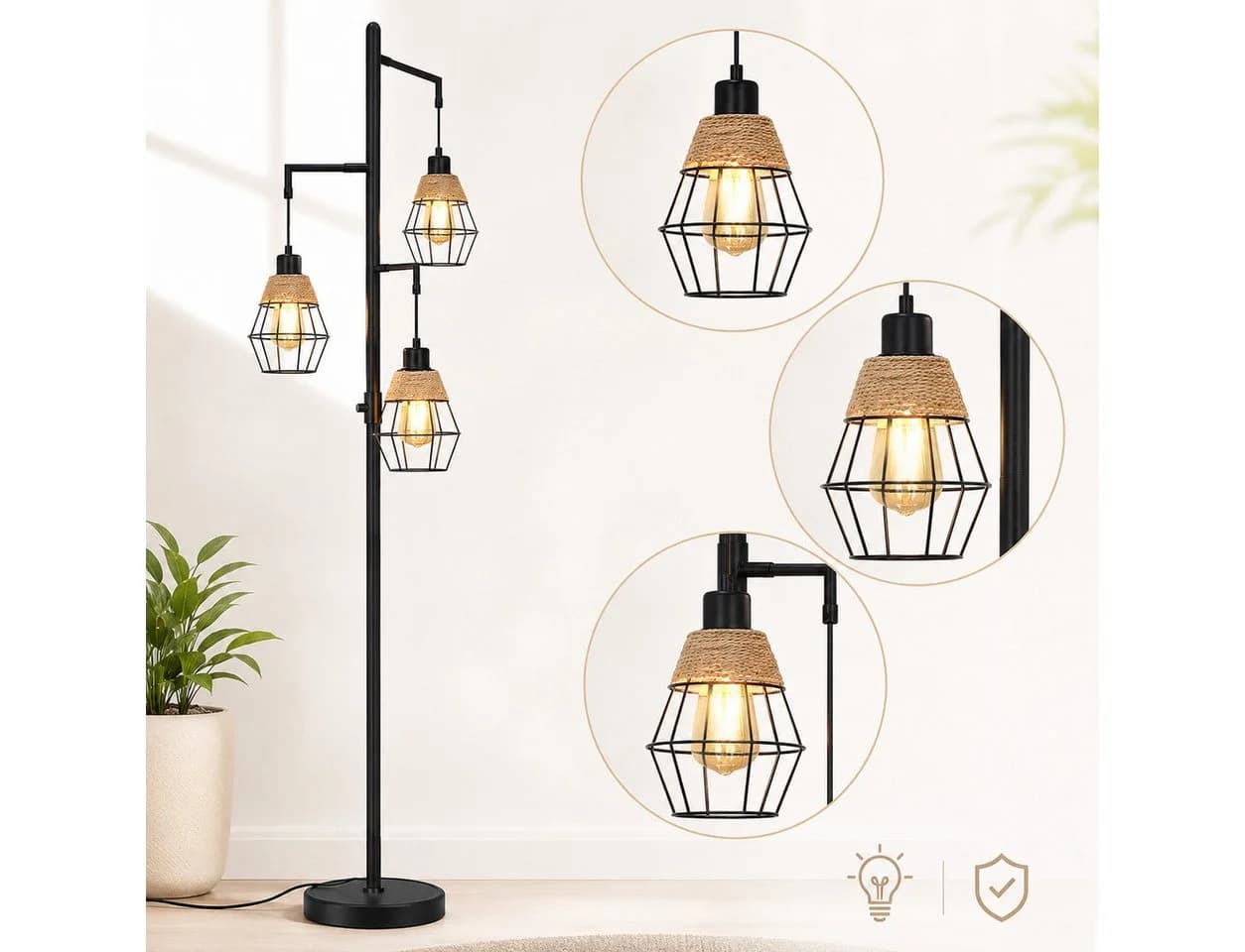 Lapamax Stehlampe Industrial 3-flammig Schwarz Dimmbar - Bild 2