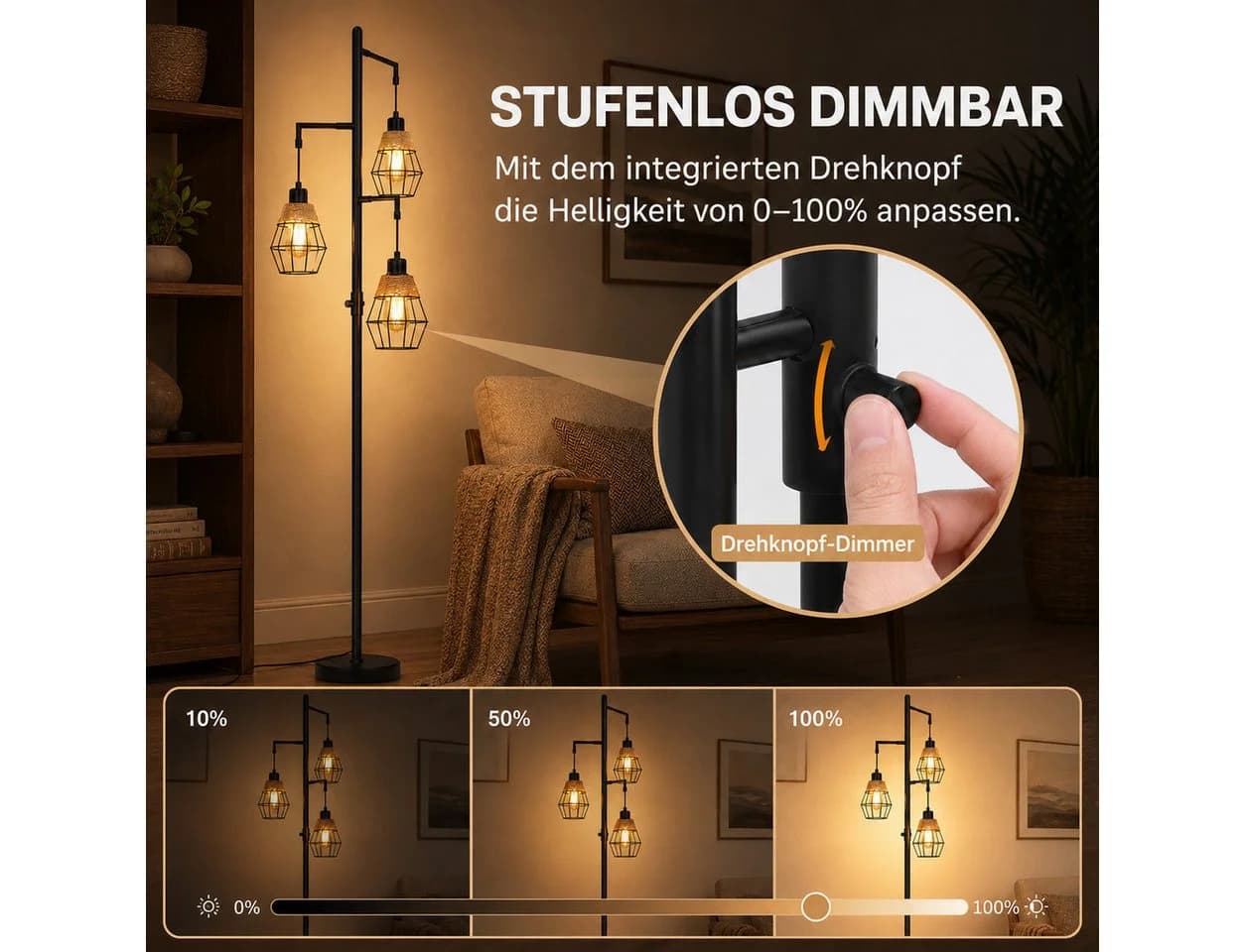 Lapamax Stehlampe Industrial 3-flammig Schwarz Dimmbar - Bild 3