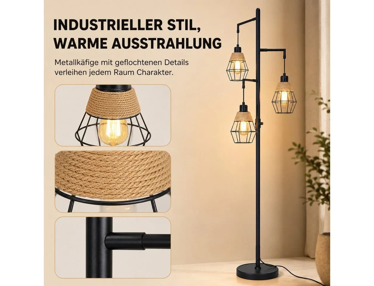 Lapamax Stehlampe Industrial 3-flammig Schwarz Dimmbar - Bild 4