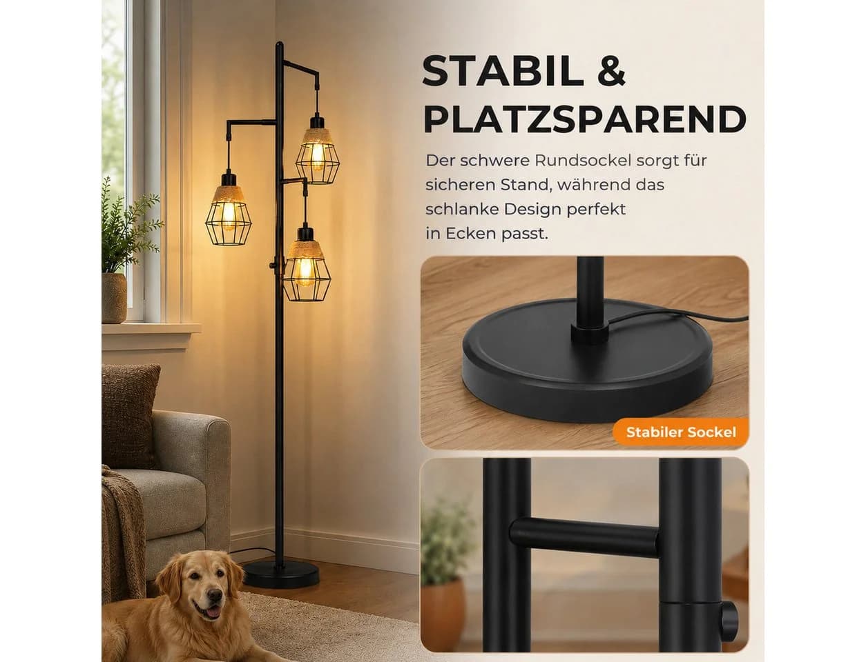 Lapamax Stehlampe Industrial 3-flammig Schwarz Dimmbar - Bild 5