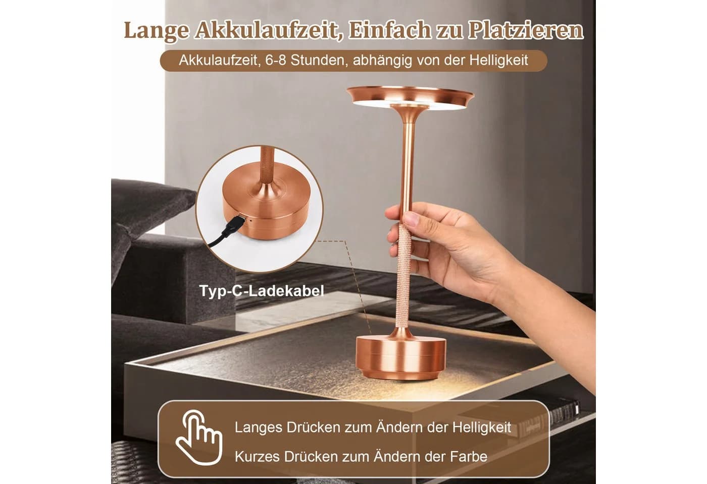 Lapamax LED Tischleuchte Akku Dimmbar Roségold - Bild 3