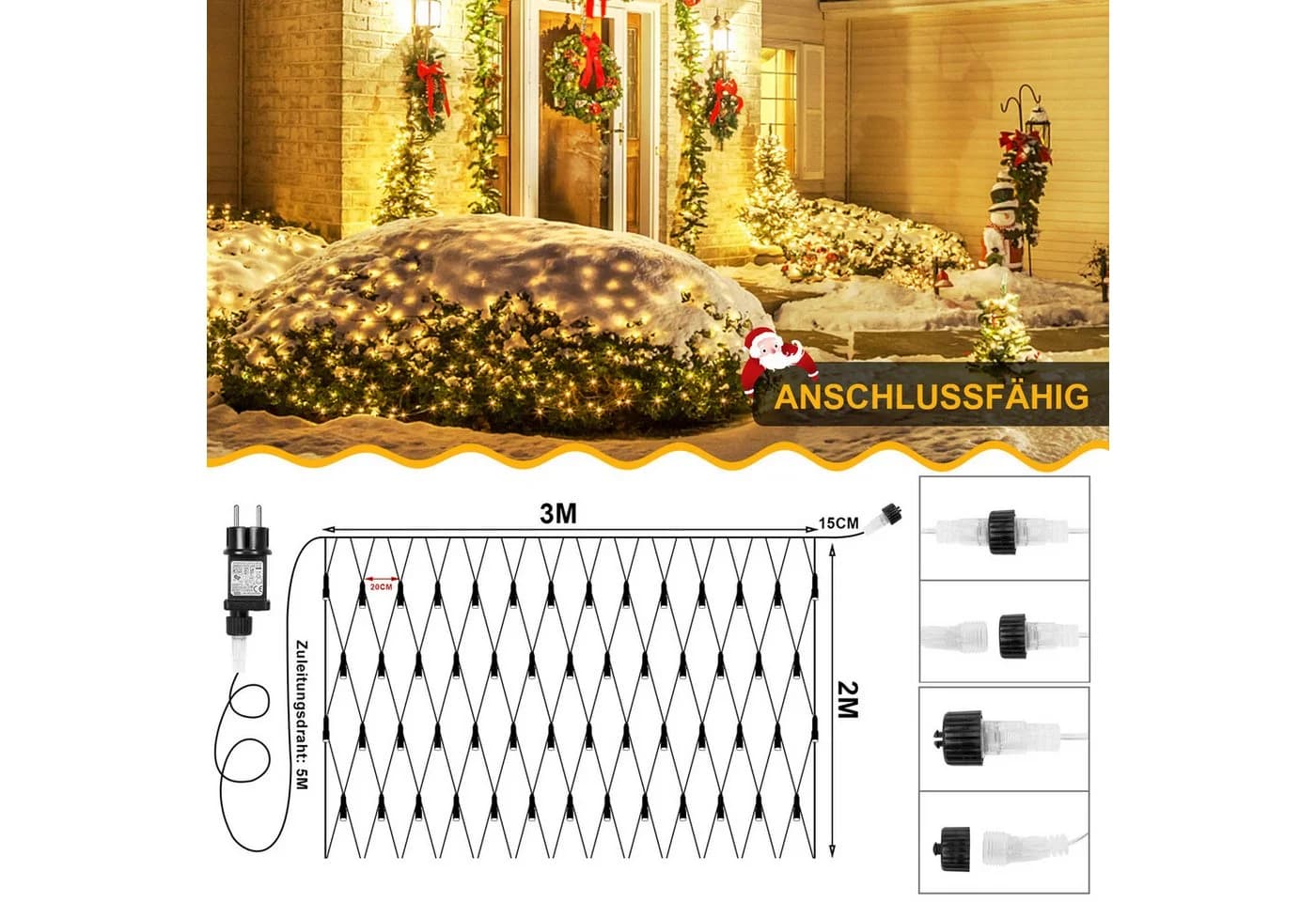 Rosnek LED-Lichternetz 31V 8 Modi Lichterkette Außen Timer - Bild 3