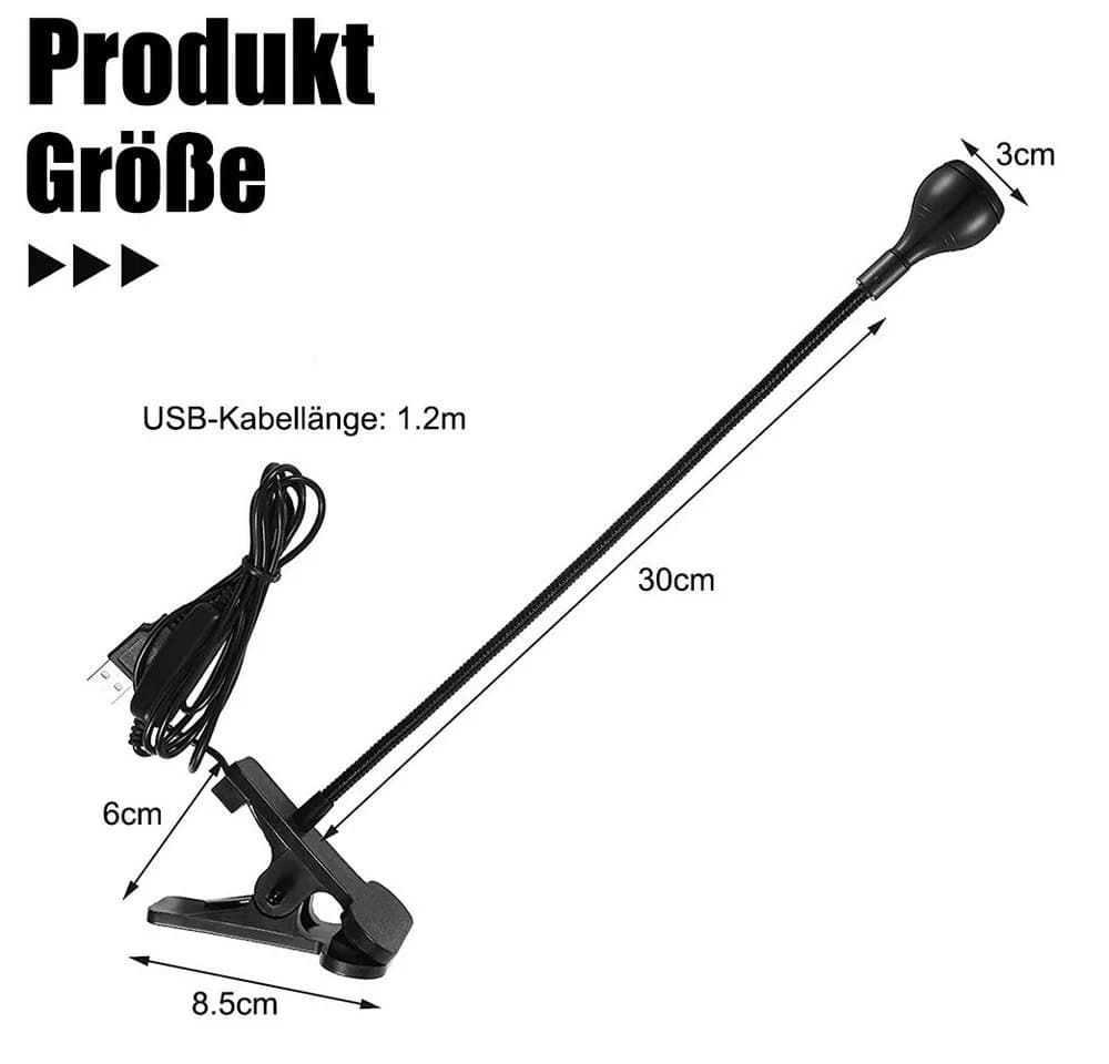 Rosnek LED Klemmtischleuchte Schwarz/Silber 360° Schwanenhals USB