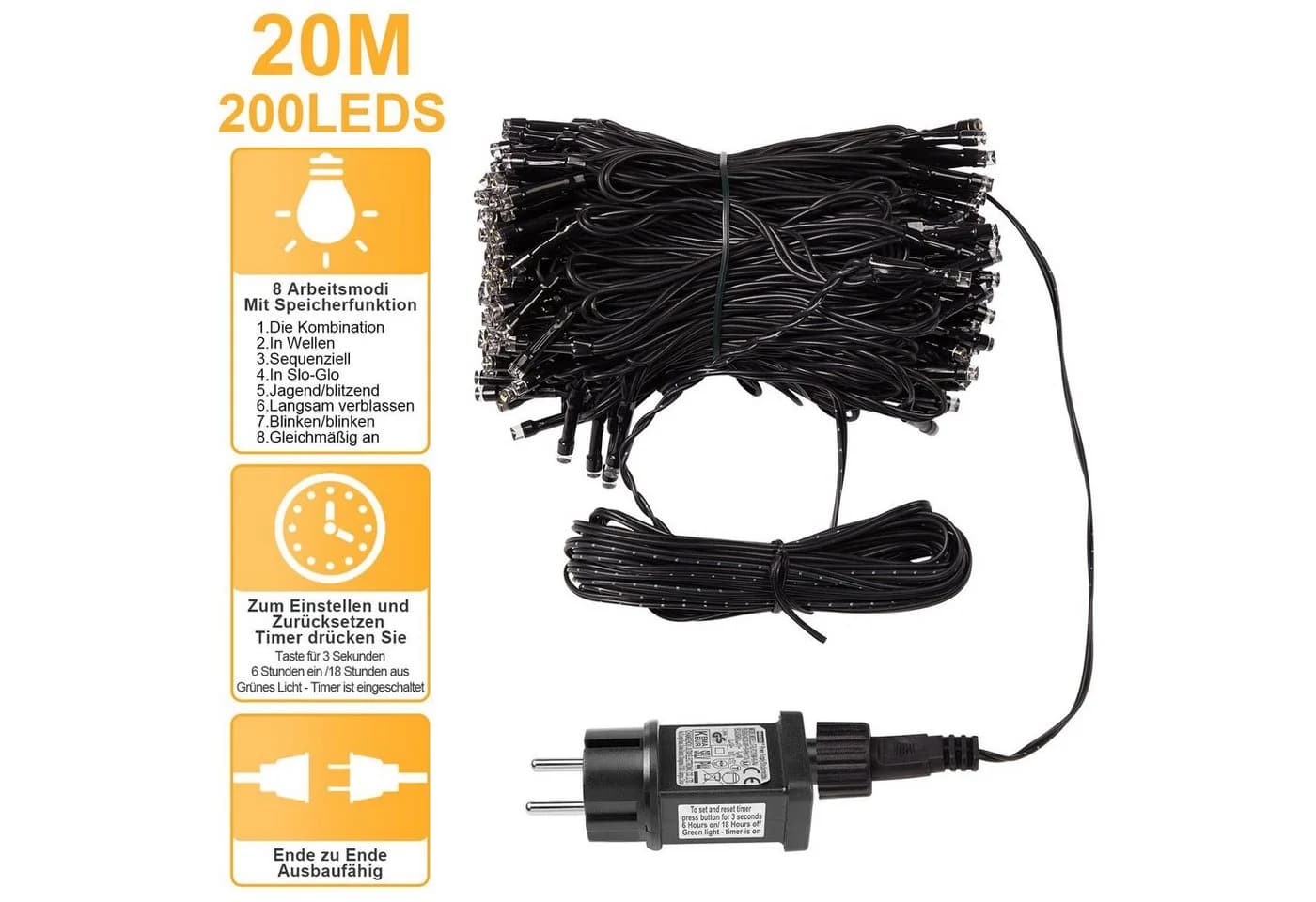 Sunicol LED-Lichterkette 200-flammig Warmweiß Dimmbar 8 Modi Timer