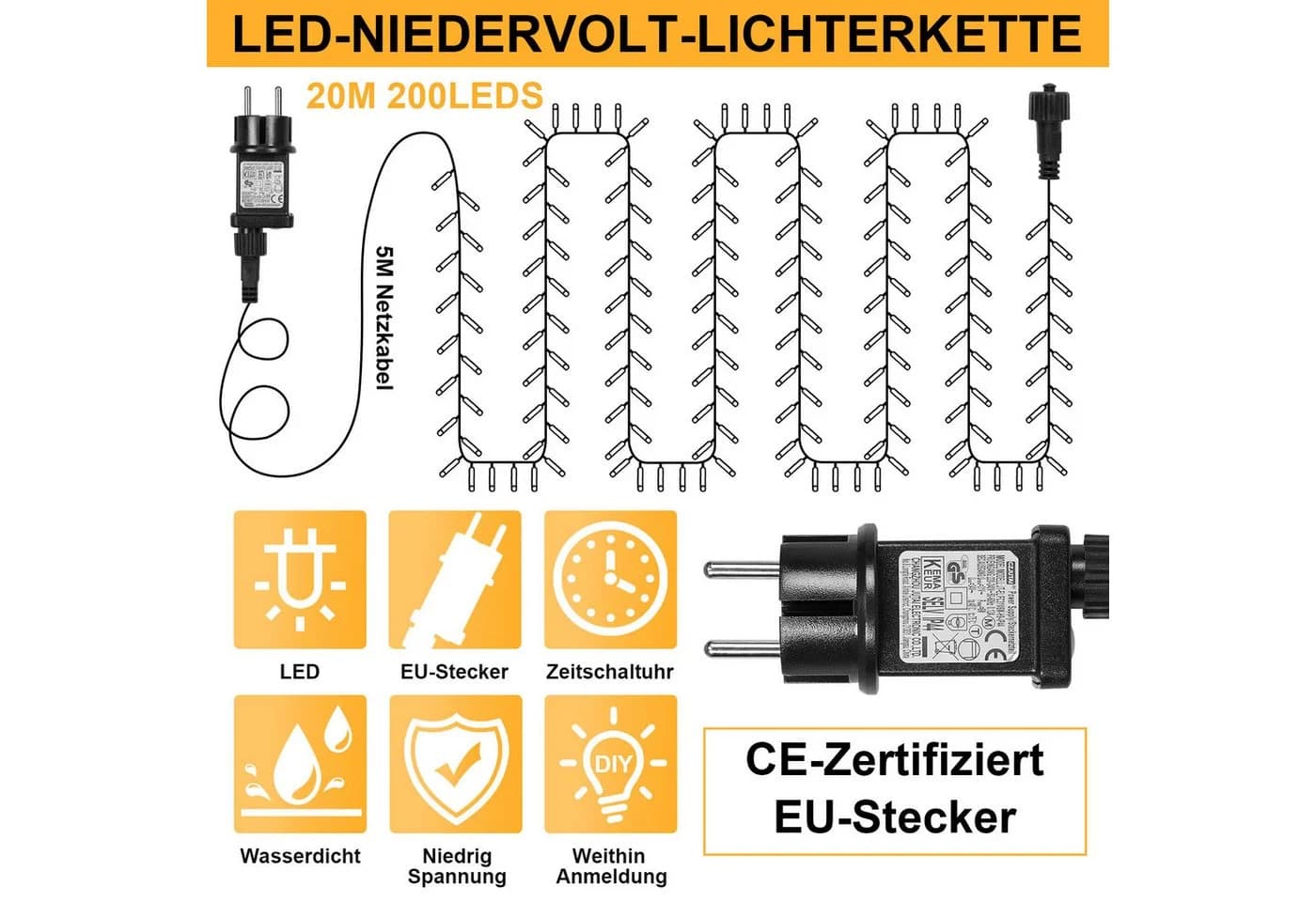 Sunicol LED-Lichterkette 200-flammig Warmweiß Dimmbar 8 Modi Timer - Bild 5