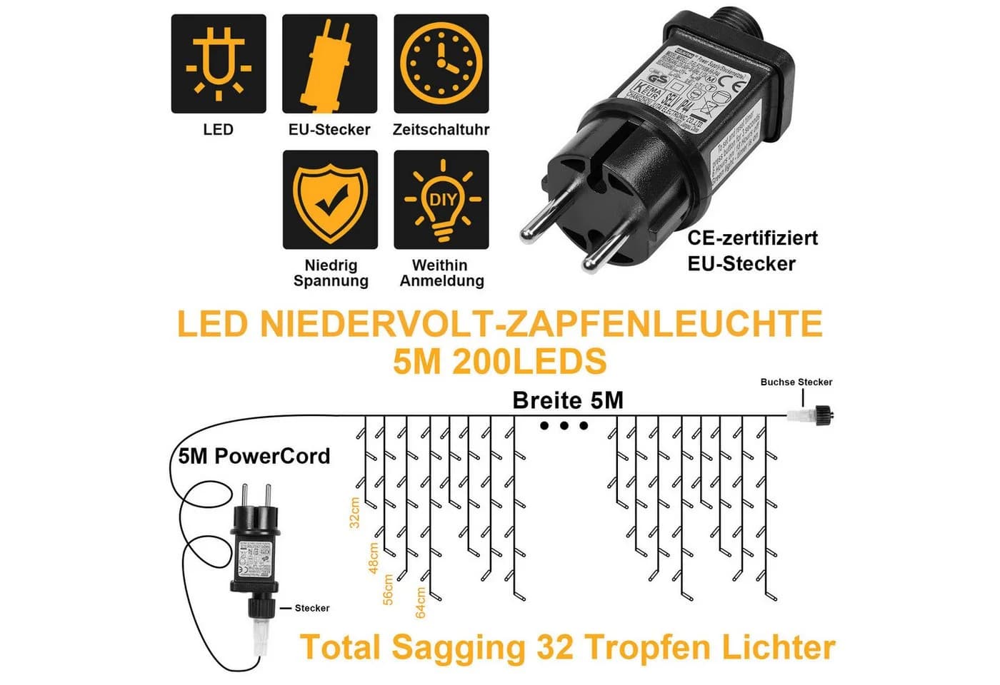 Sunicol LED-Lichtervorhang 5/10/15M, 8 Modi, Warmweiß