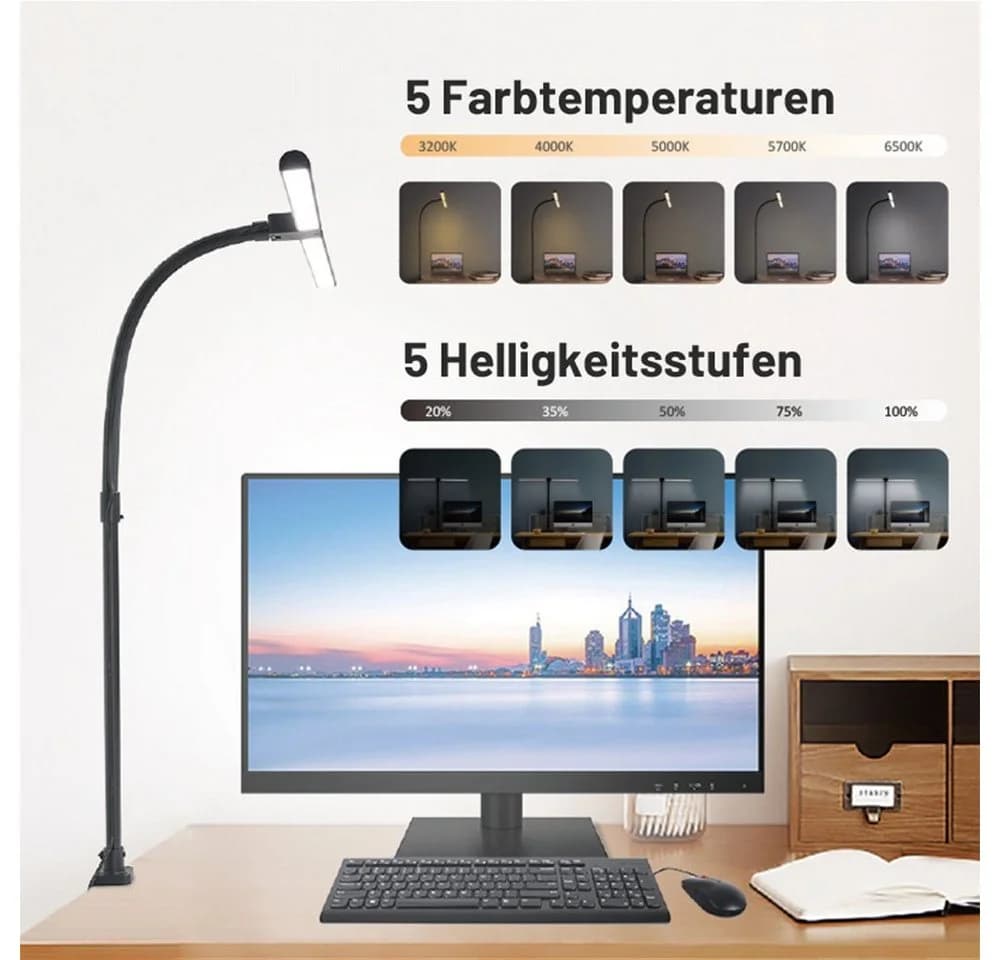 Sunicol LED Schreibtischlampe 360° Schwenkbar Doppelkopf 5 Farben 5 Helligkeitsstufen