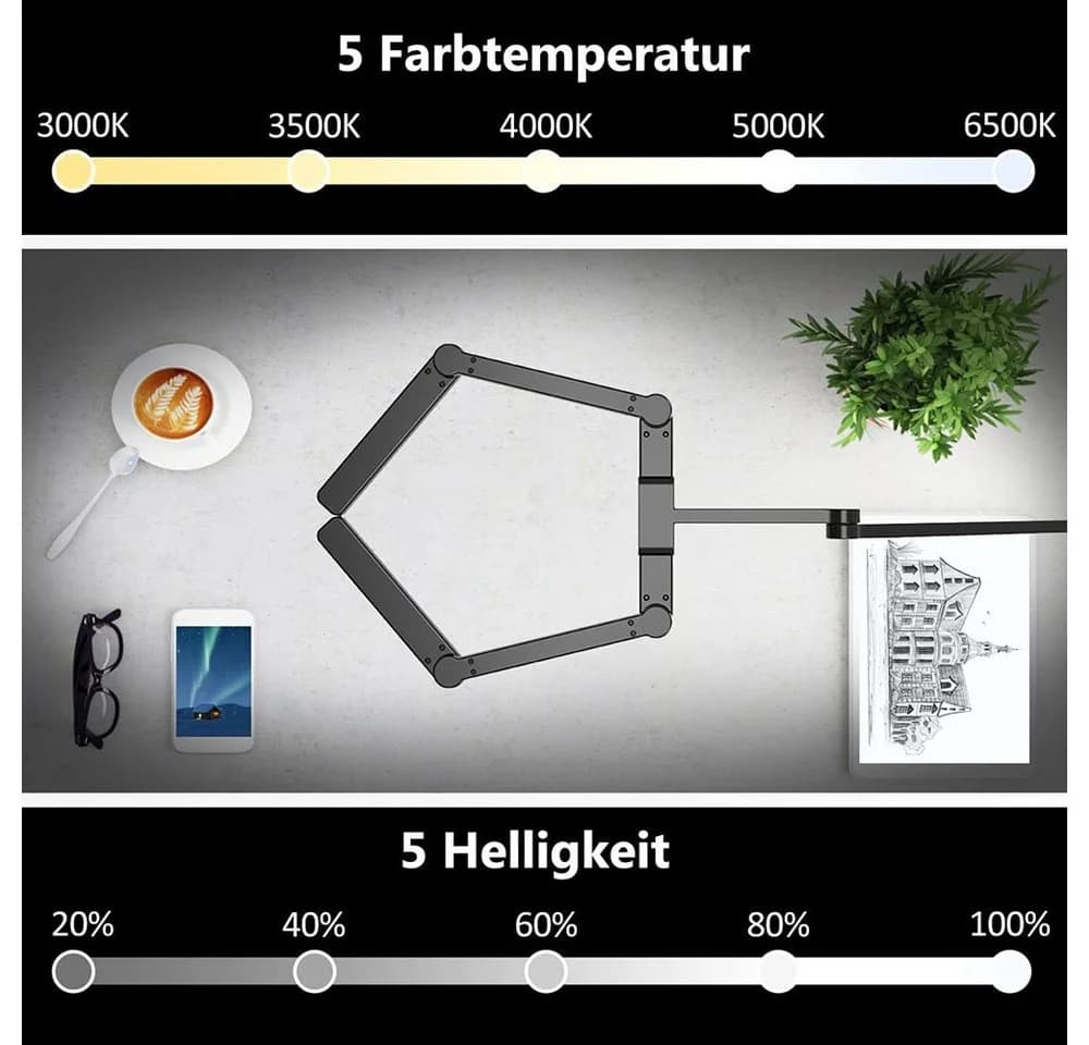 Sunicol LED Schreibtischlampe mit Klemme Transformierbar Touch-Steuerung
