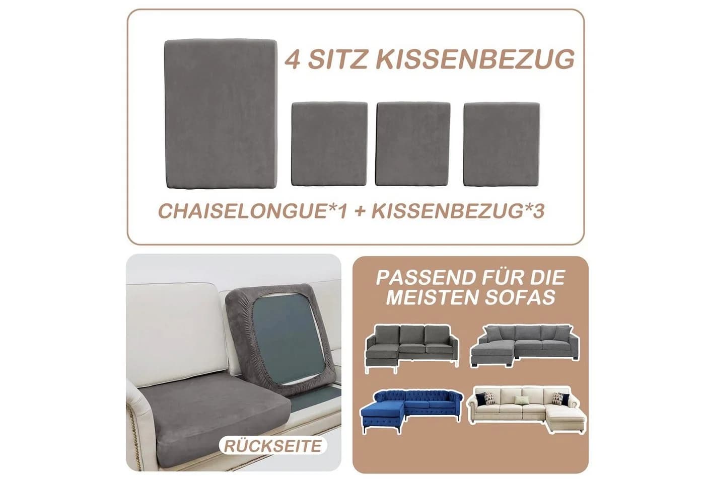 Rosnek Samt Sofahusse Stretch Schonbezug Grau - Bild 4