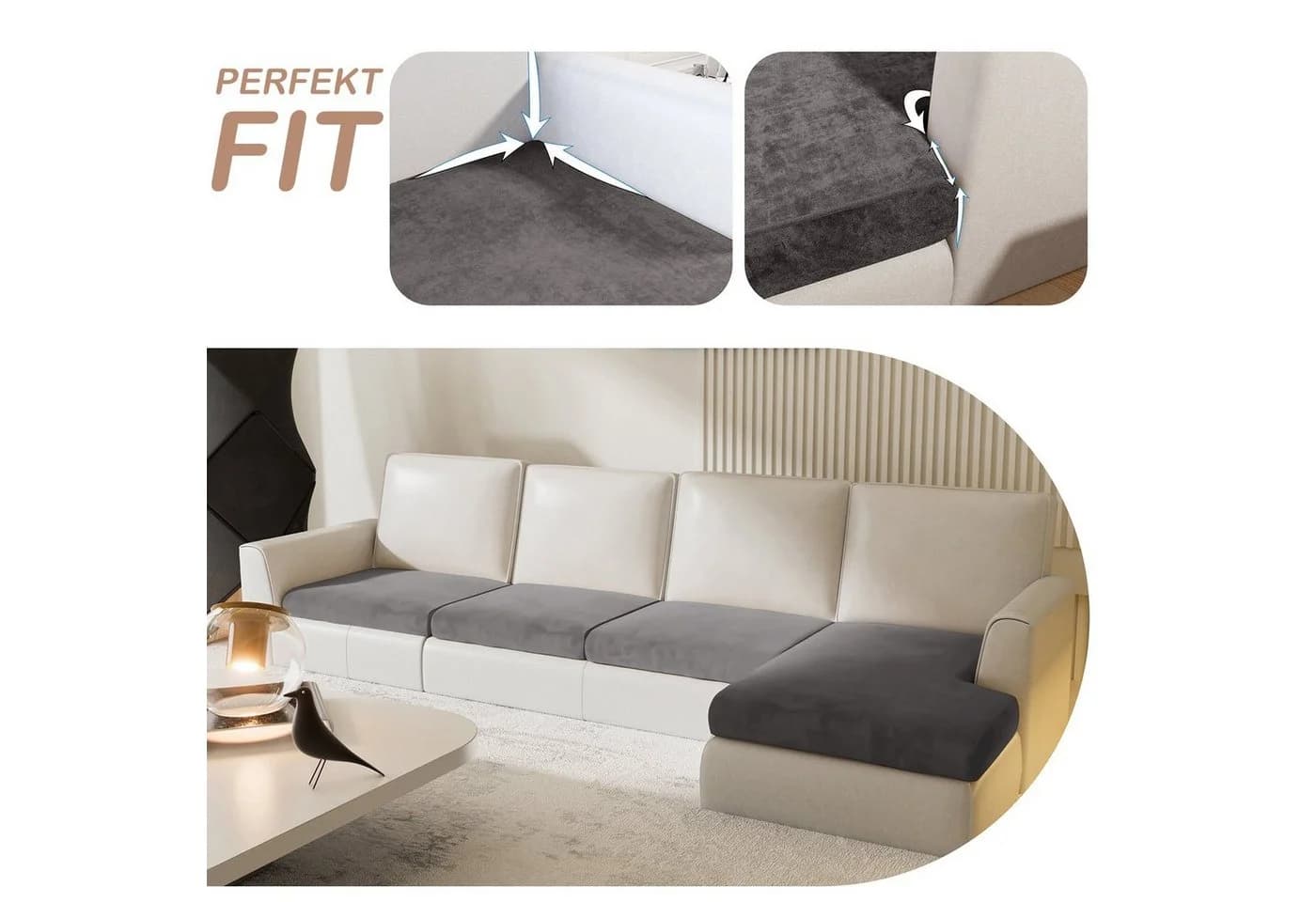 Rosnek Samt Sofahusse Stretch Schonbezug Grau - Bild 5