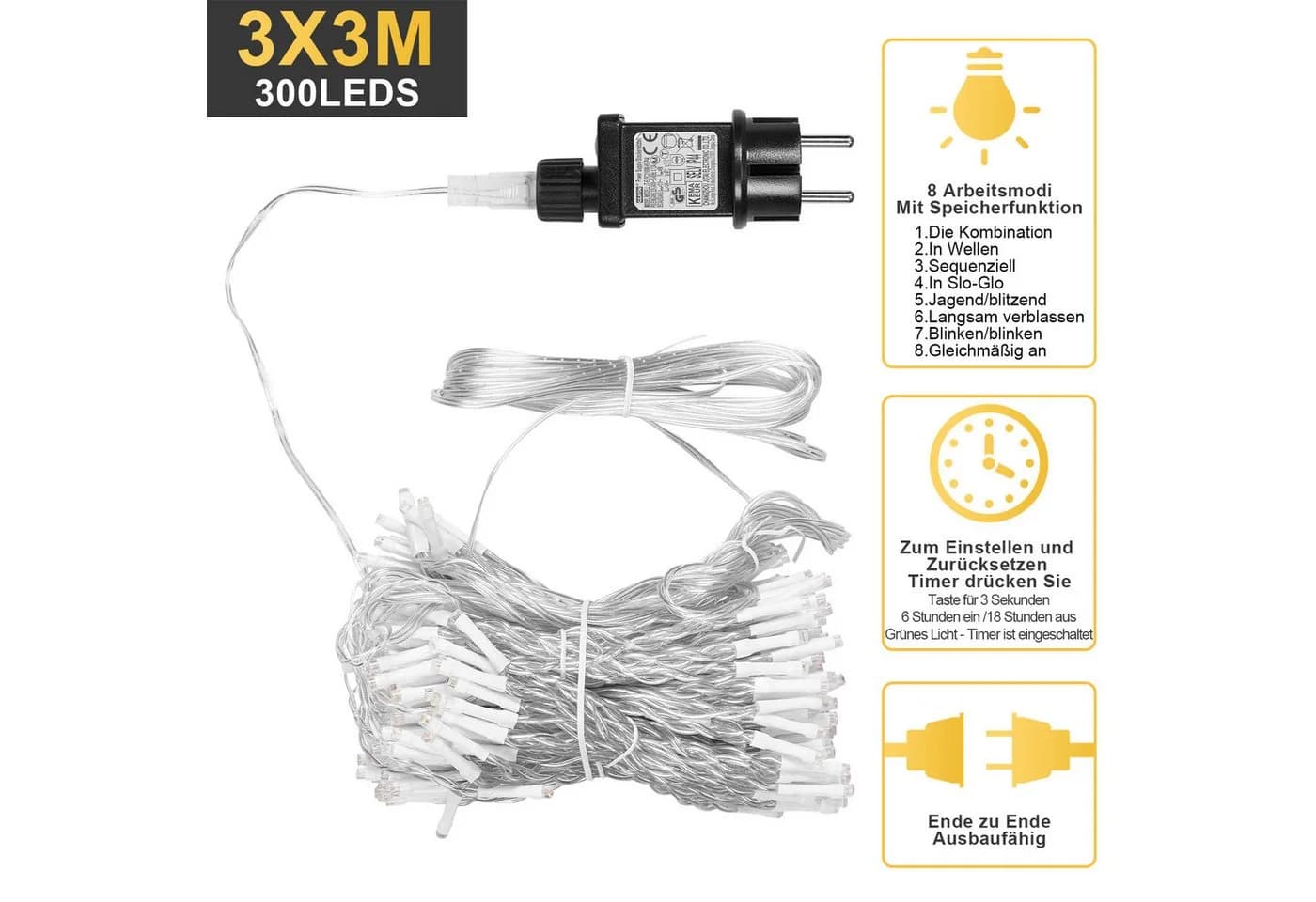 Rosnek LED-Lichterkette 3x3M, 10 Stränge, Warmweiß, 300 LEDs, 8 Modi, Timer - Bild 3