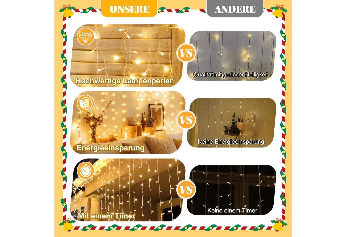 Rosnek LED-Lichterkette 3x3M, 10 Stränge, Warmweiß, 300 LEDs, 8 Modi, Timer - Bild 4