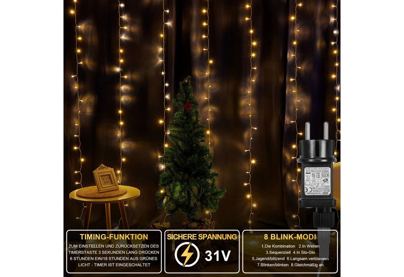 Rosnek LED-Lichterkette 3x3M, 10 Stränge, Warmweiß, 300 LEDs, 8 Modi, Timer - Bild 5