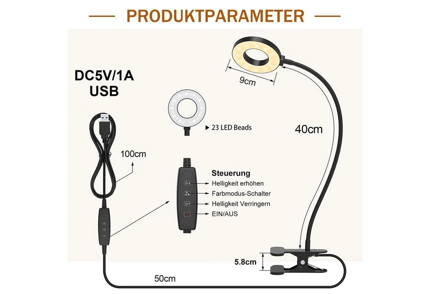 Rosnek LED Klemmleuchte Ringlicht Clip-On USB